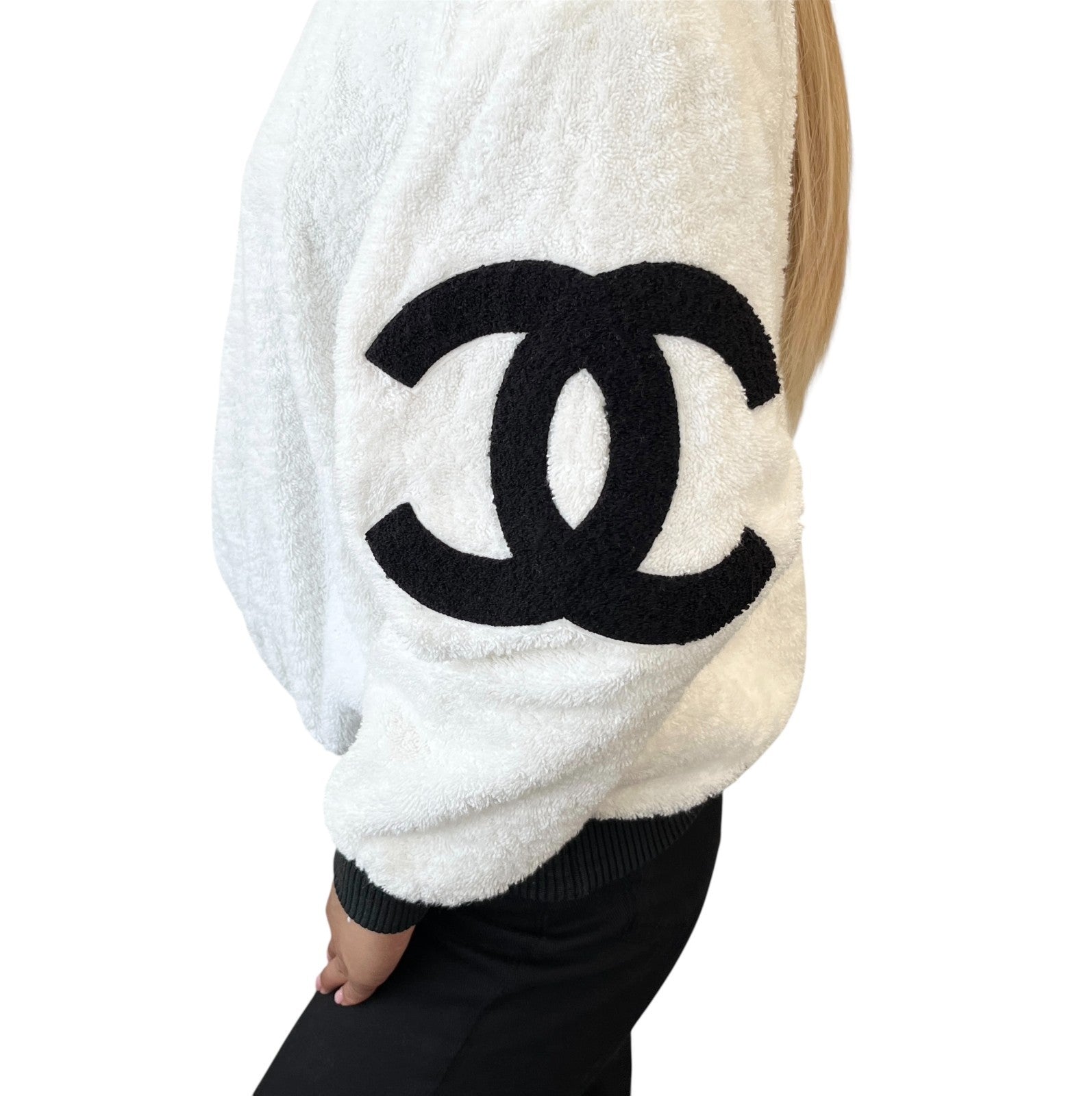 CHANEL Vintage CC Mark Logo Sweatshirt Terry Cloth White Black Cotton