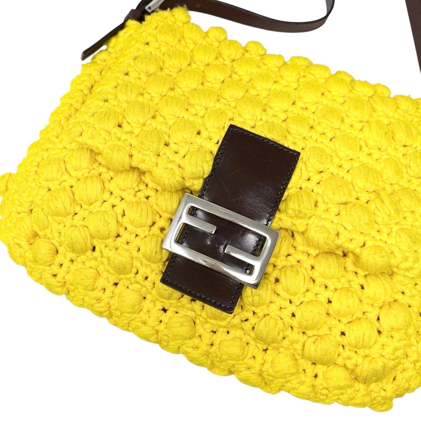 FENDI Vintage Logo Mamma Baguette Knit Shoulder Bag Yellow Brown 901876