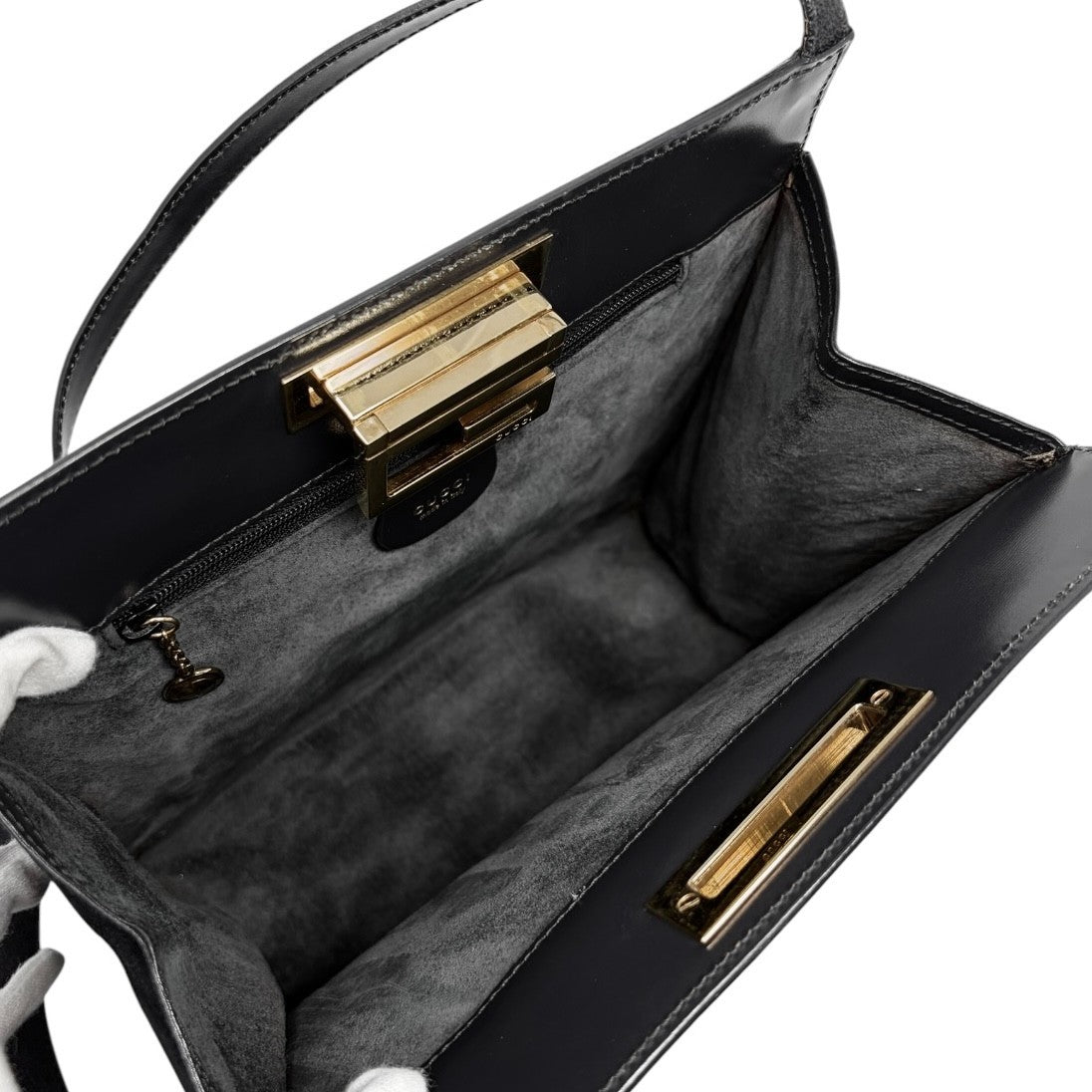 GUCCI Vintage G Square Logo Shoulder Bag Gray Gold Suede Leather 902248