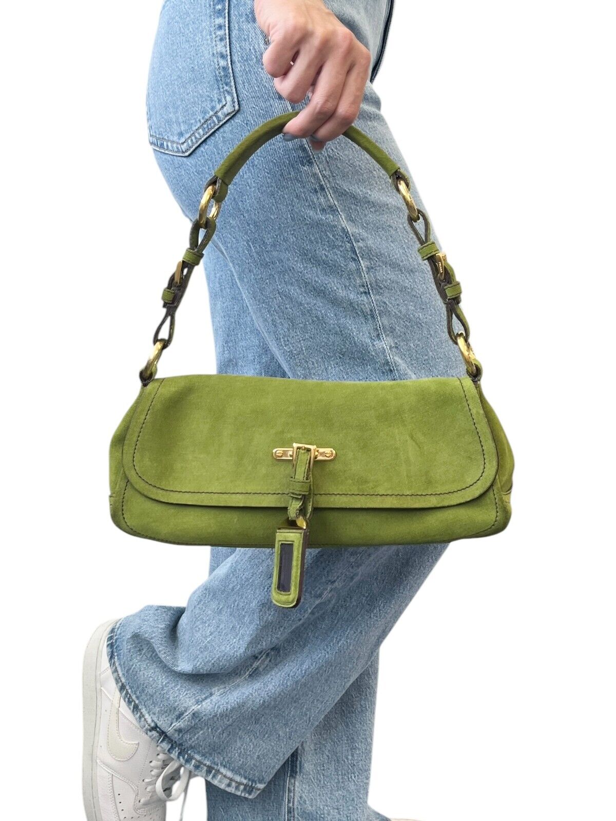 PRADA Vintage Logo Shoulder Bag Tote Handbag Suede Green Gold Luggage Tag
