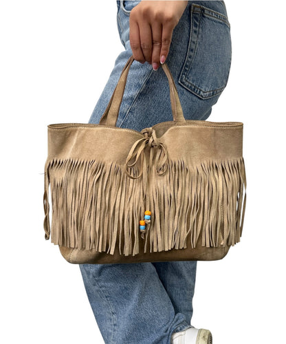 miu miu Vintage Fringe Ribbon Beads Top Handle Tote Bag Beige Suede 902477