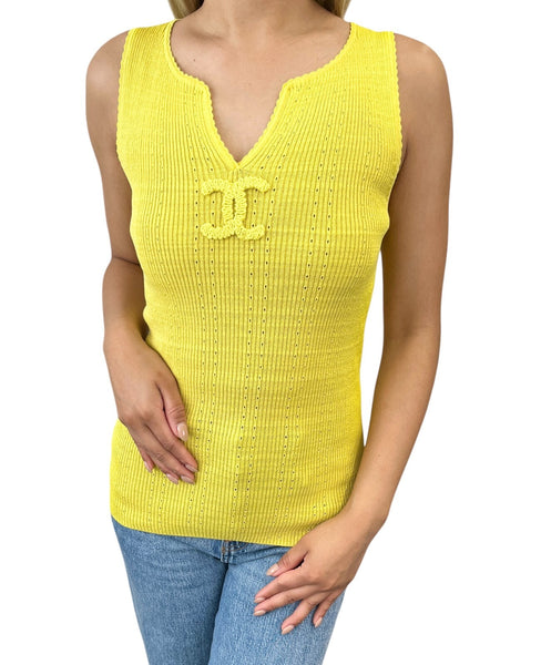 CHANEL Vintage 09P CC Mark Logo Knit Tank Top #38 Yellow Cotton