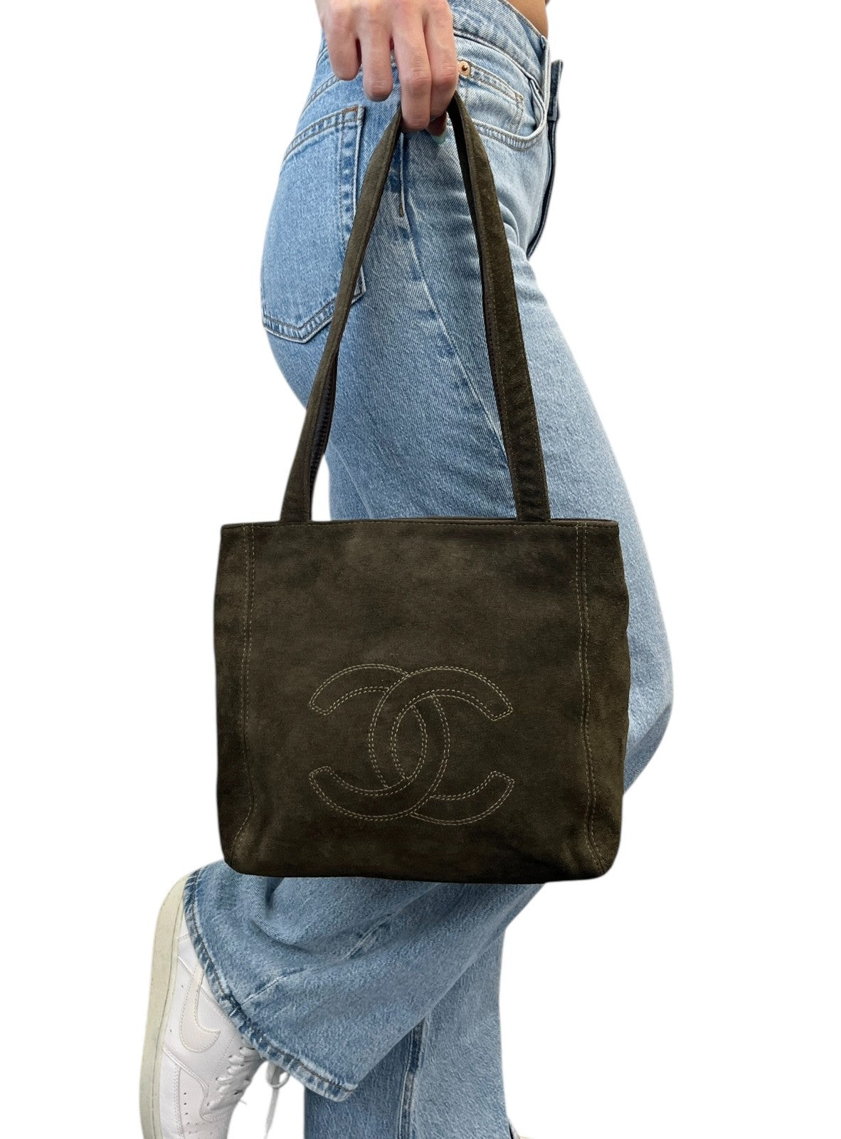 CHANEL Vintage Big CC Logo Embroidered Suede Shoulder Tote Bag Khaki