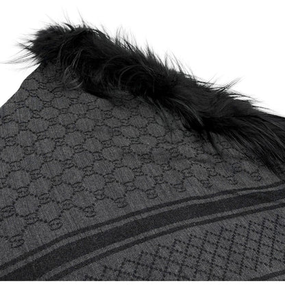 GUCCI Vintage GG Logo Monogram Fox Fur Shawl Scarf Wrap Gray Black Wool 902495