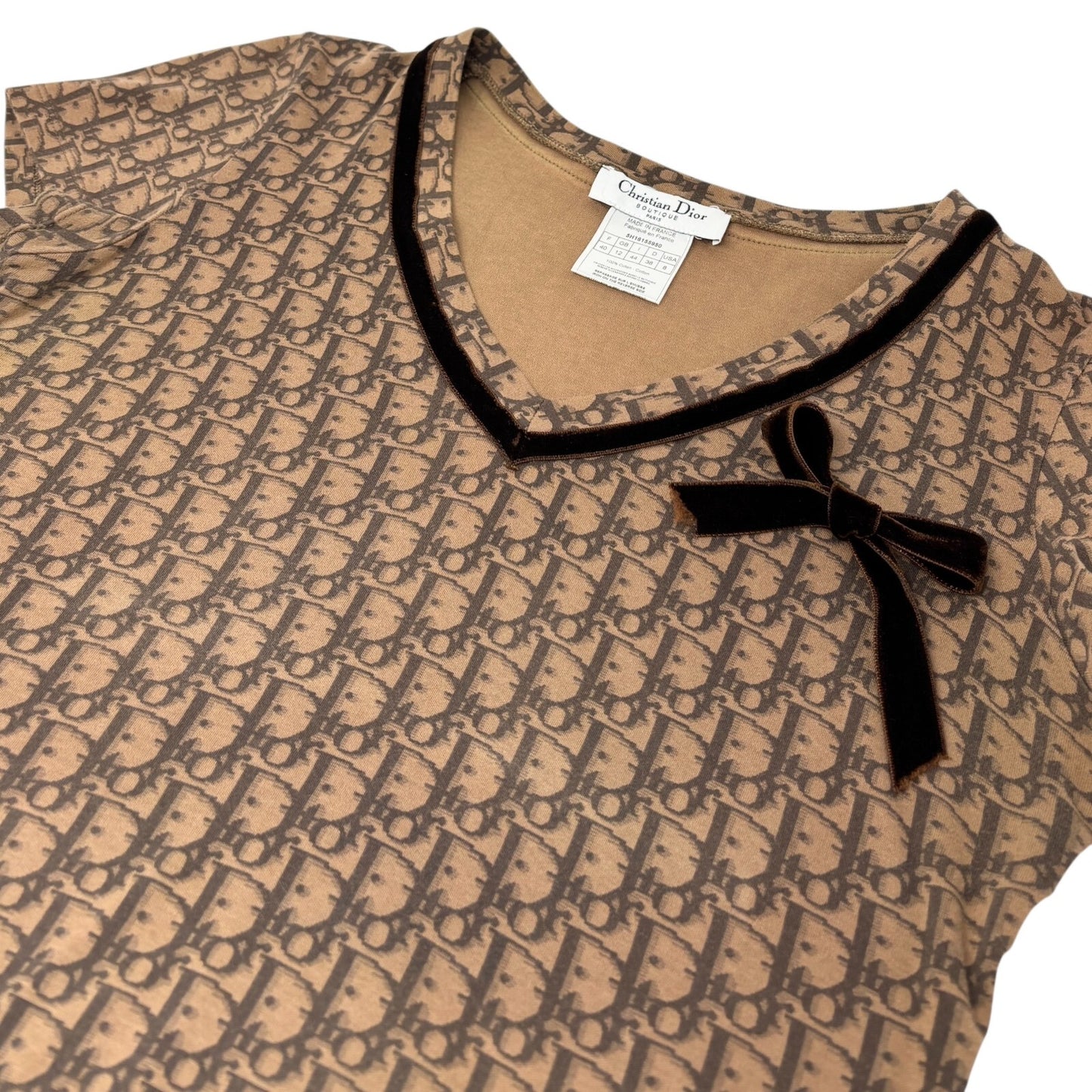 Christian Dior Vintage 2005 Trotter Monogram V-neck T-shirt #40 Top Brown Ribbon