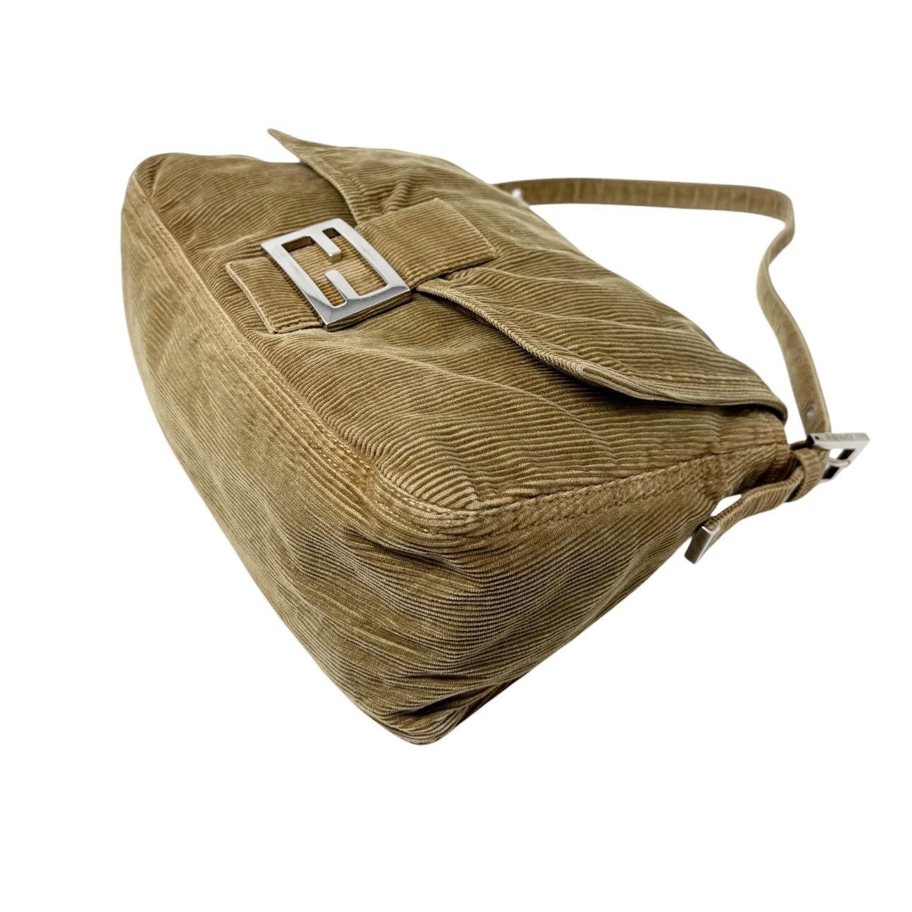 FENDI Vintage FF Logo Corduroy Mamma Baguette Shoulder Bag Light Brown Silver