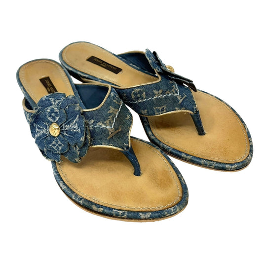 LOUIS VUITTON Vintage LV Monogram Denim Thong Sandals #37.5 Blue Gold Flower