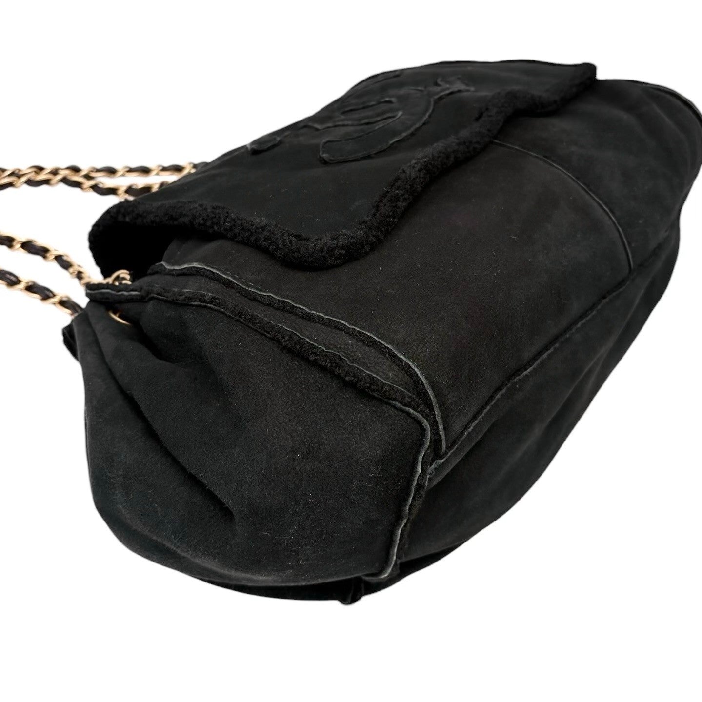 CHANEL Vintage CC Big Logo Shearling Chain Shoulder Bag Black Gold Suede Mouton