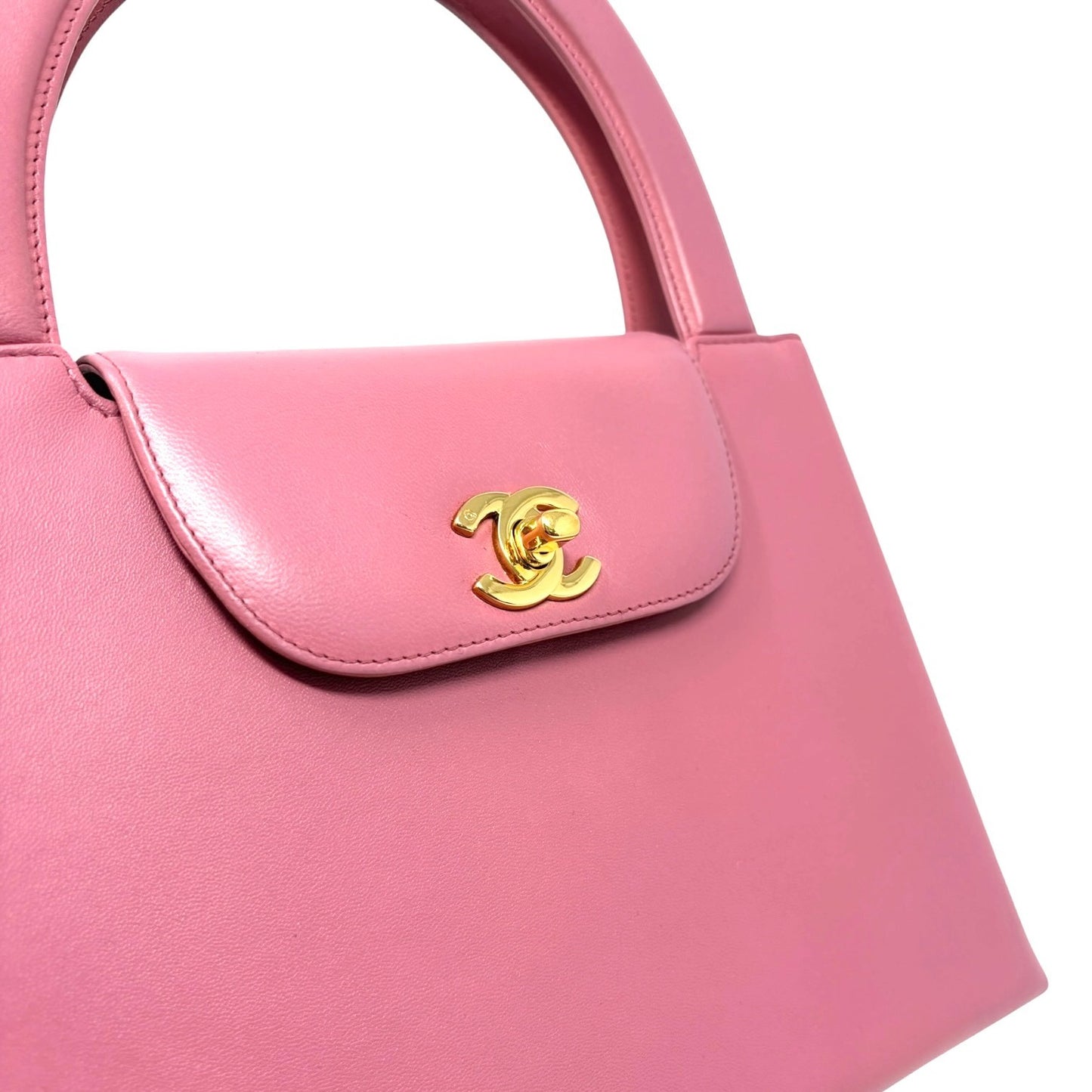 CHANEL Vintage CC Logo Turnlock Top Handle Flap Bag Pink Gold Leather Handbag