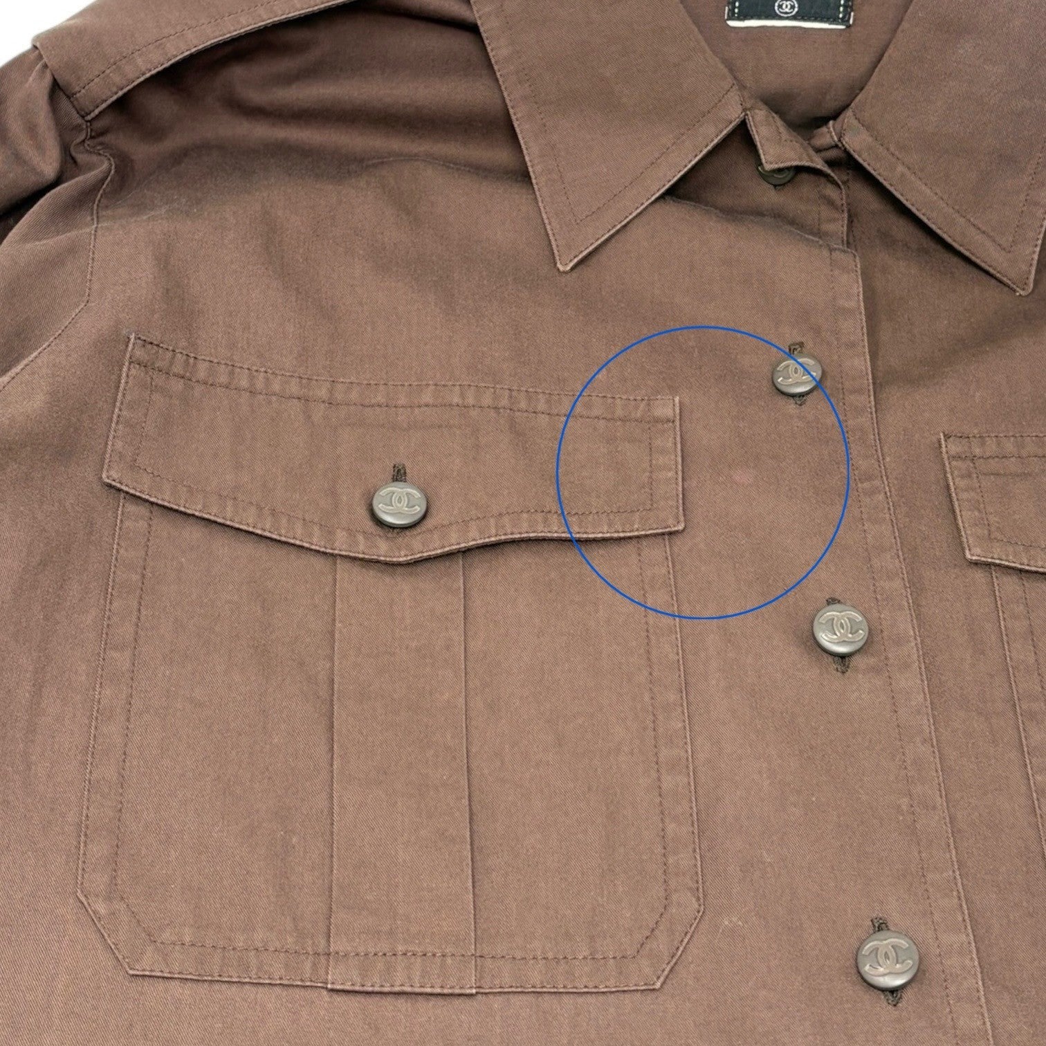CHANEL Vintage CC Logo Button Up Military Long Sleeve Shirt Brown Cotton