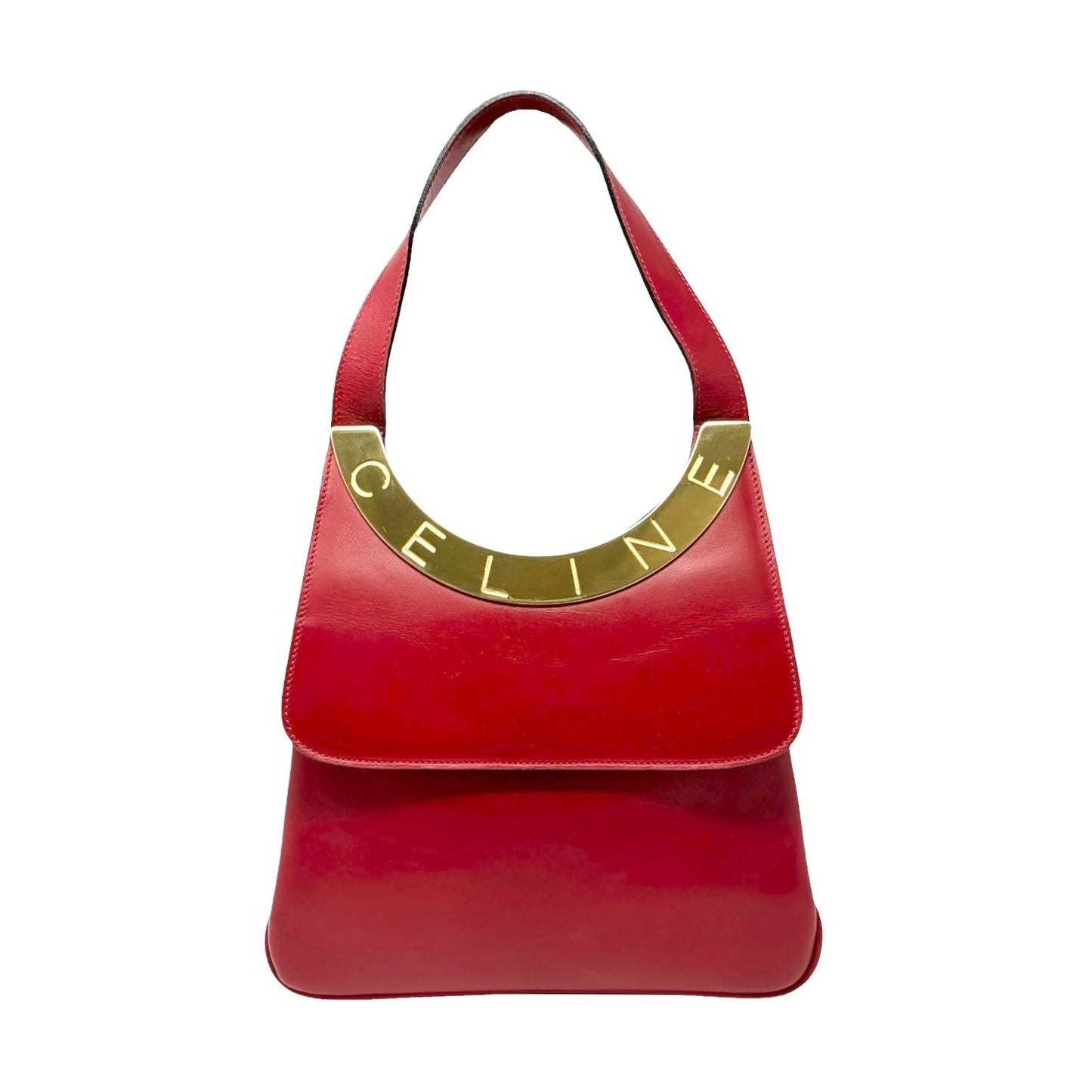 CELINE Vintage Logo Circle Flap 2way Shoulder Bag Red Gold Leather 902080