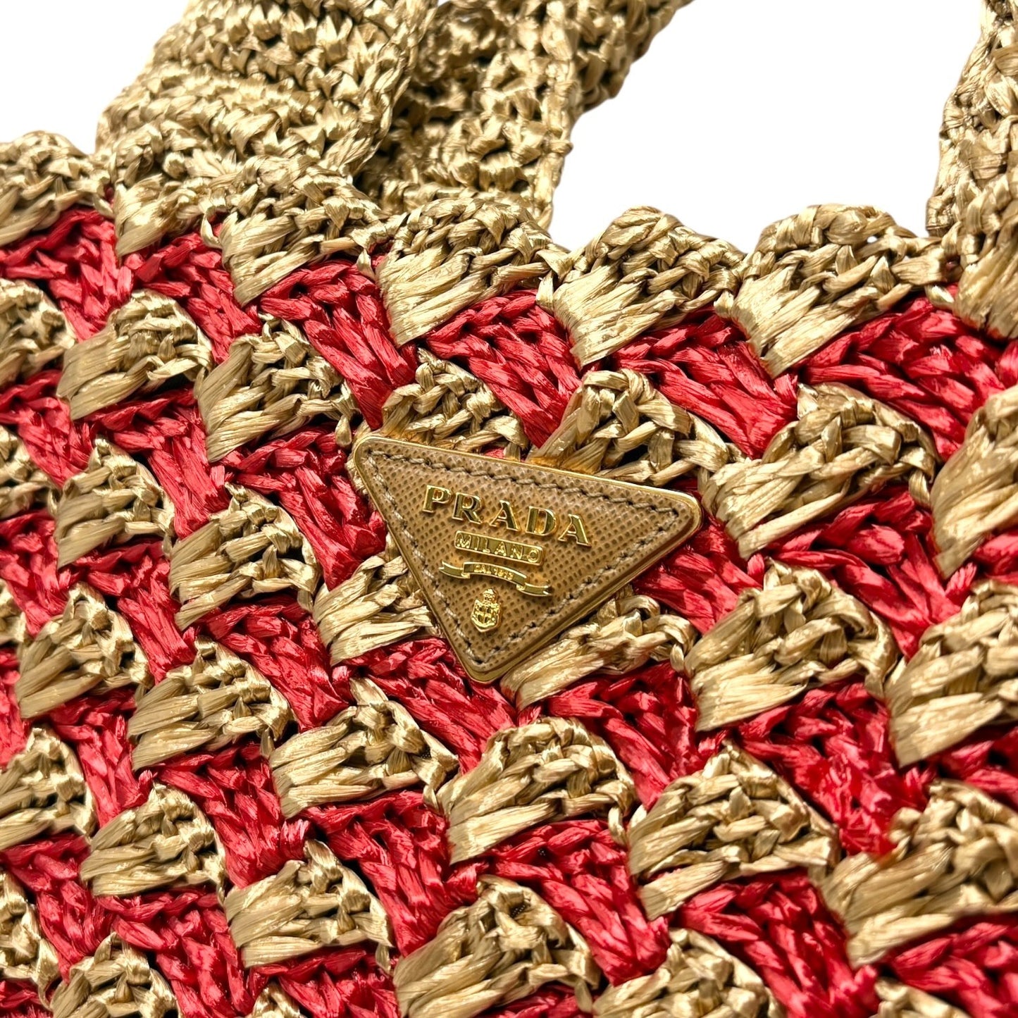 PRADA Vintage Triangle Logo Raffia Canapa Tote Bag Red Beige Gold Crochet