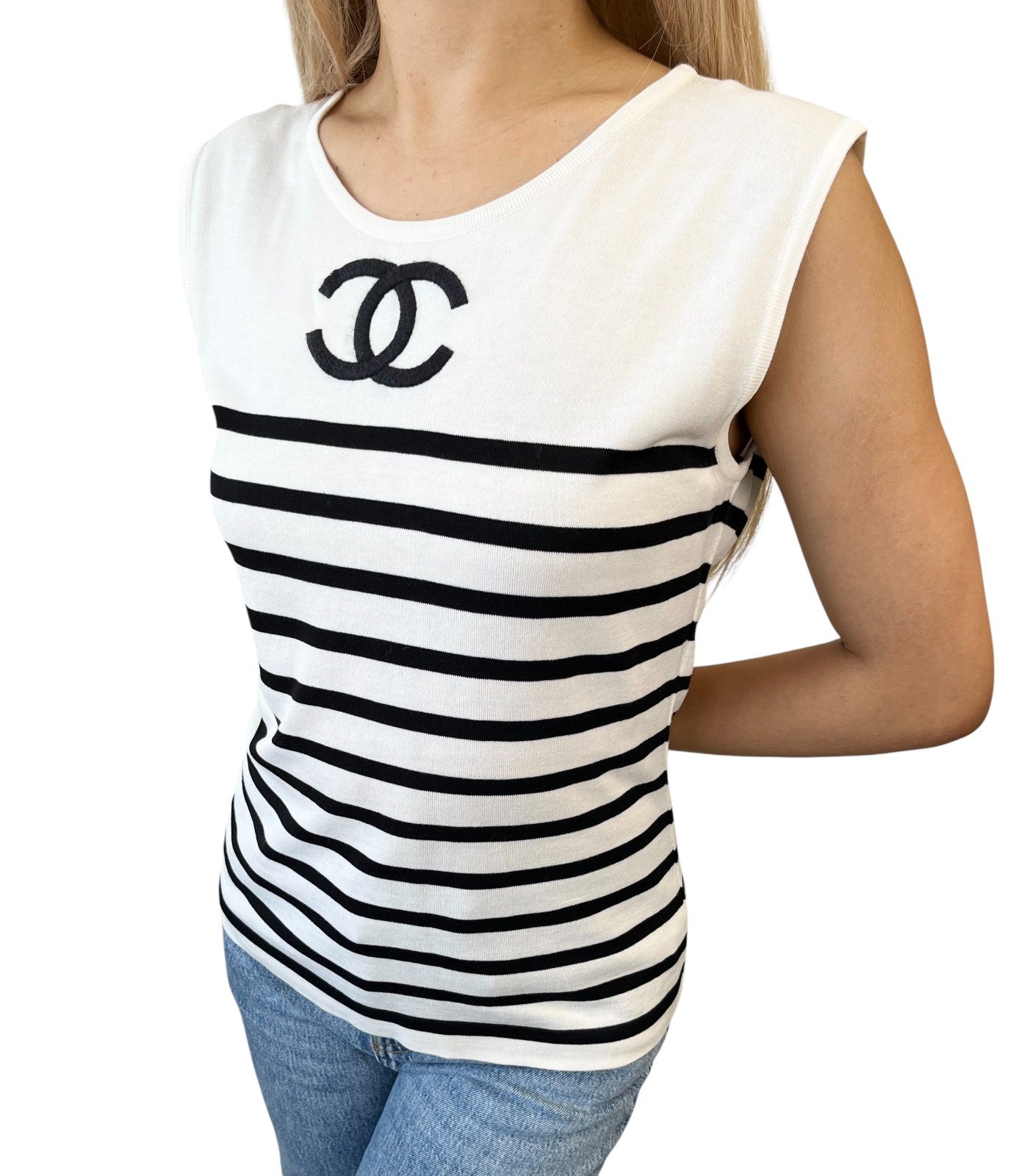CHANEL Vintage 1994 CC Logo Striped Sleeveless Top #40 Tank White Black Cotton