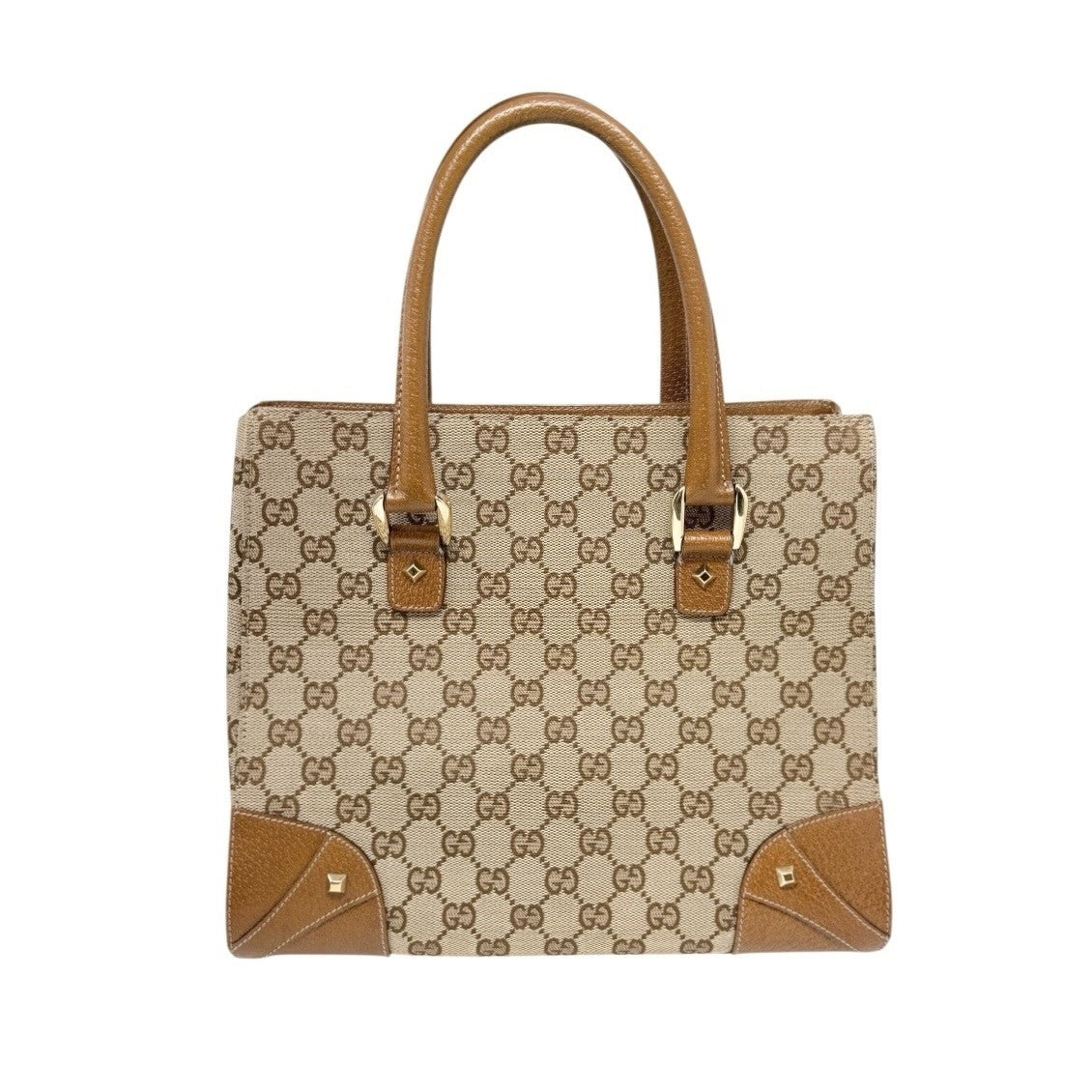GUCCI Vintage GG Canvas Monogram Tote Bag Nailhead Camel Brown Studs Leather