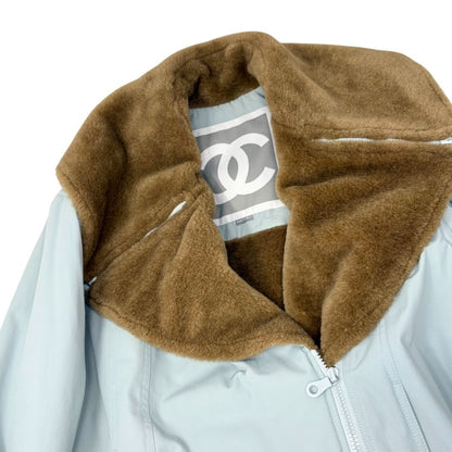 CHANEL Sport Vintage 01A CC Fur Collar Coat Jacket #38 Light Blue Brown 902901