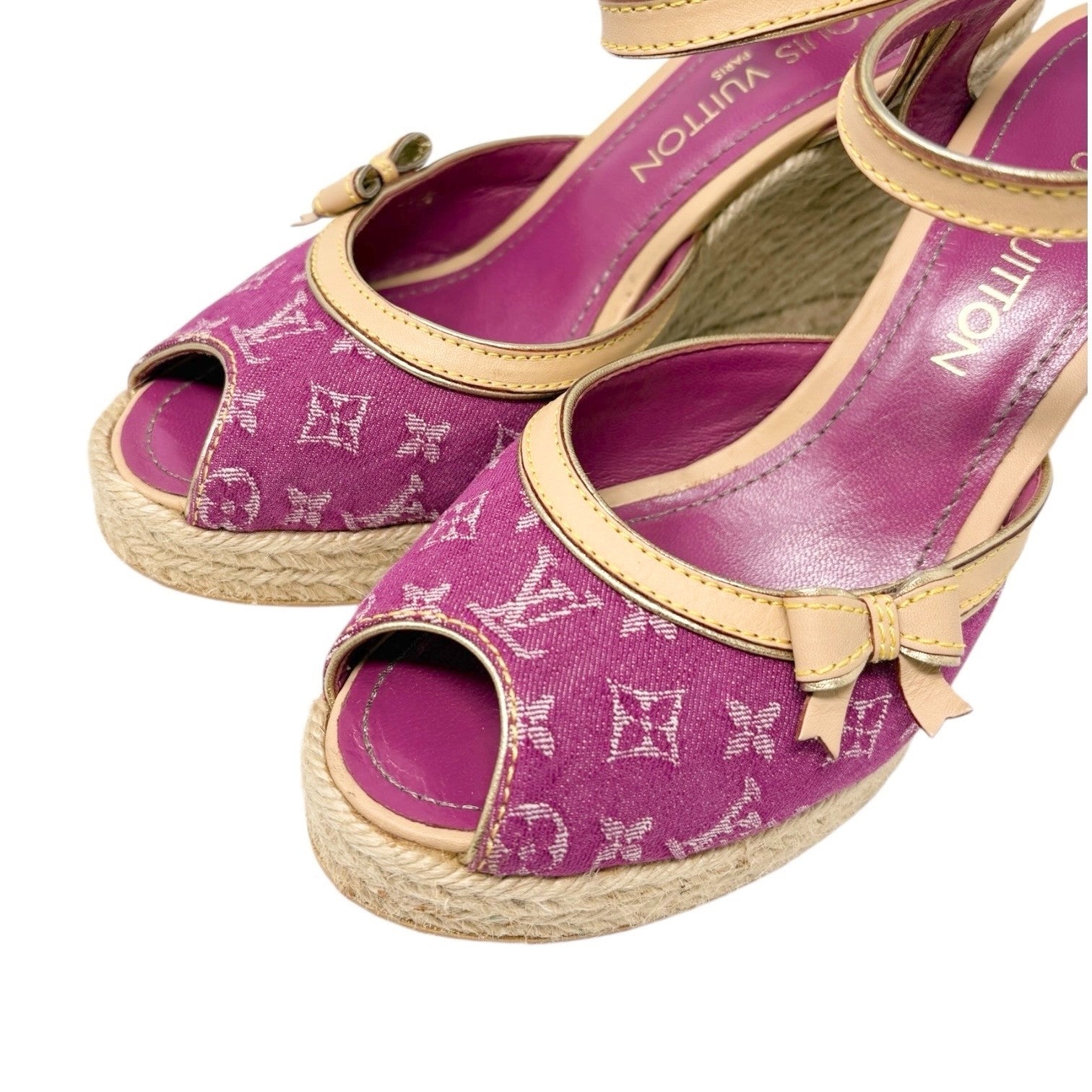 LOUIS VUITTON Vintage LV Logo Monogram Sandals #37.5 Pink Beige Canvas