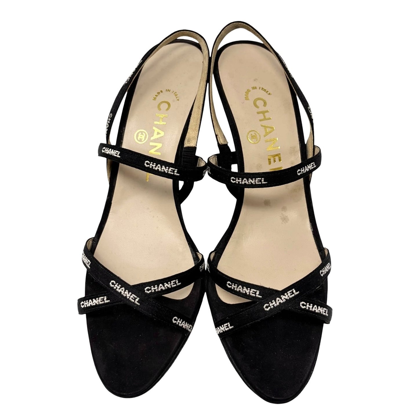 CHANEL Vintage 96C Logo Satin Ribbon Sandals Heels #36.5 Black White 902561