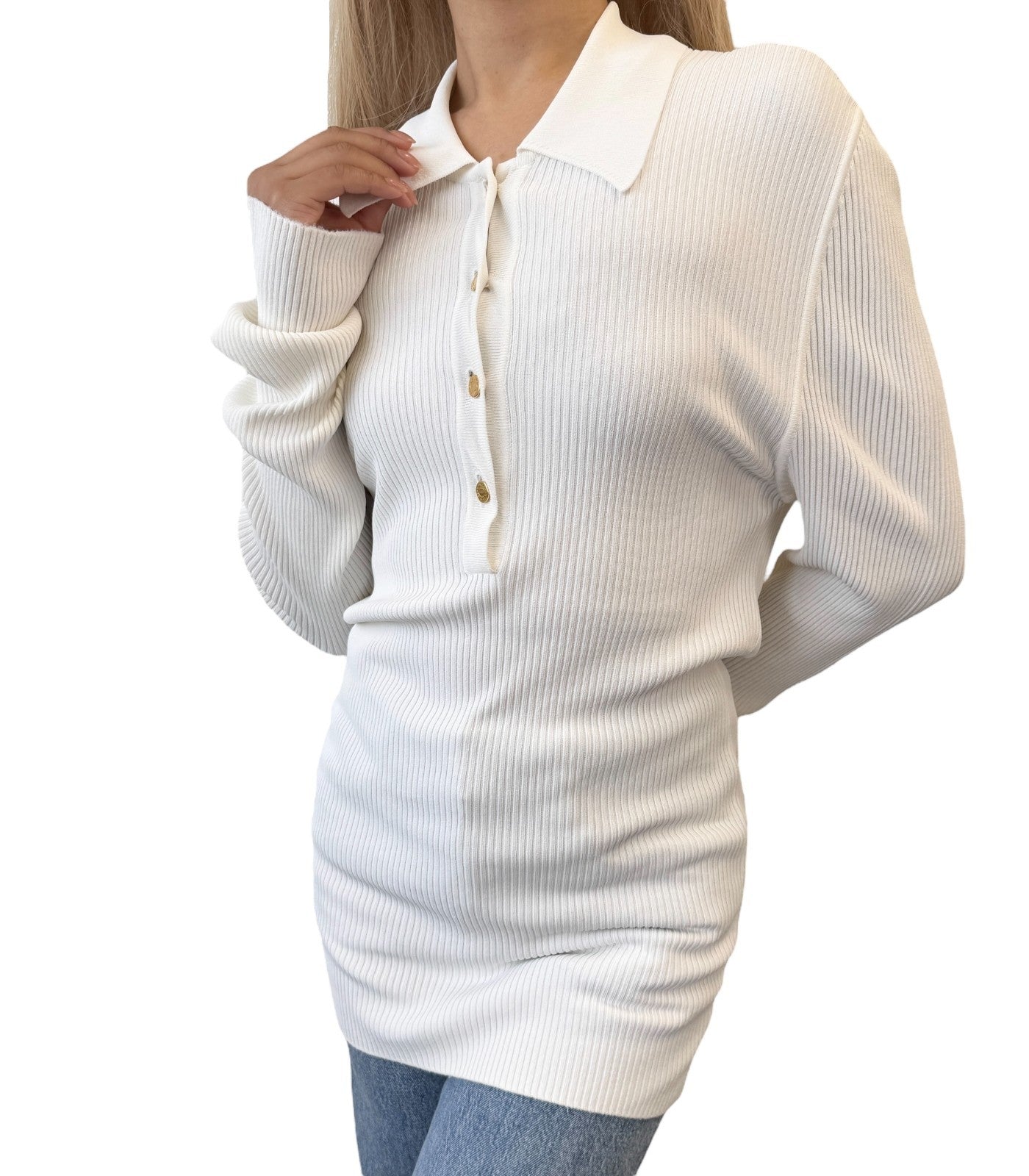 HERMES Vintage Logo Clou de Selle Button Ribbed Knit Polo Top #M White Viscose