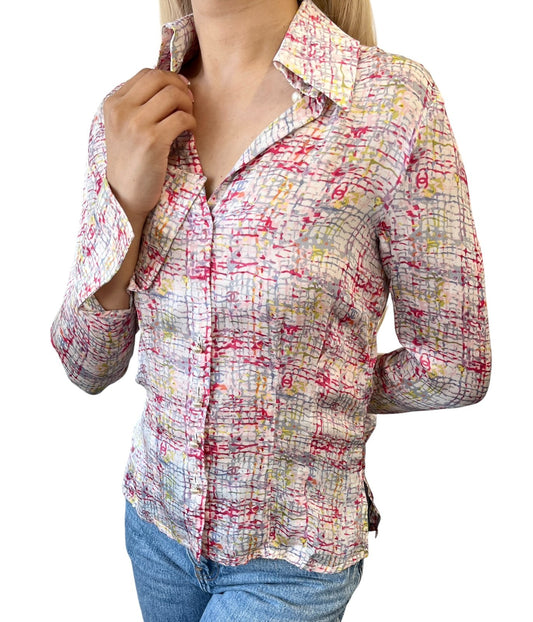 CHANEL Vintage 05C CC Tweed Print Shirt Blouse Top #34 Multicolor Silk 901994