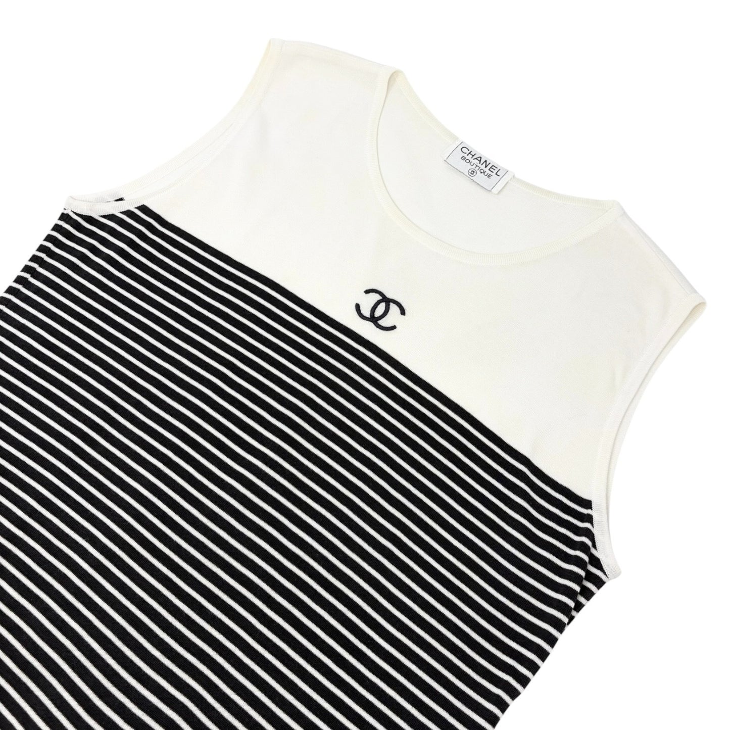 CHANEL Vintage CC Striped Sleeveless Tank Top #M White Black Cotton 902263