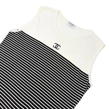 CHANEL Vintage CC Striped Sleeveless Tank Top #M White Black Cotton 902263