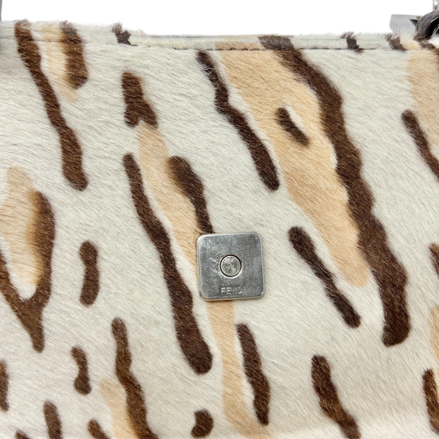 FENDI Vintage FF Logo Leopard Mamma Baguette Shoulder Bag Cream Brown Calf Hair