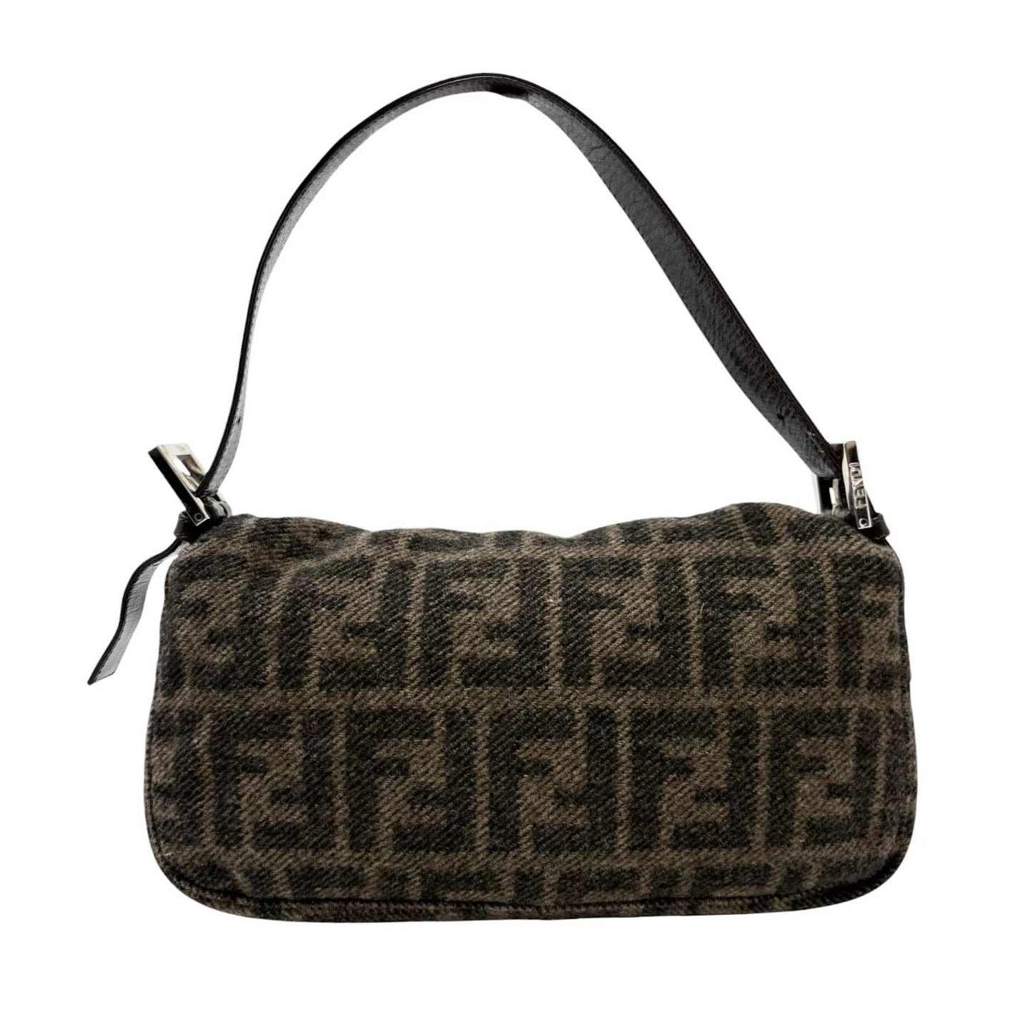 FENDI Vintage FF Logo Mamma Baguette Shoulder Bag Brown Silver Wool Knit 902212