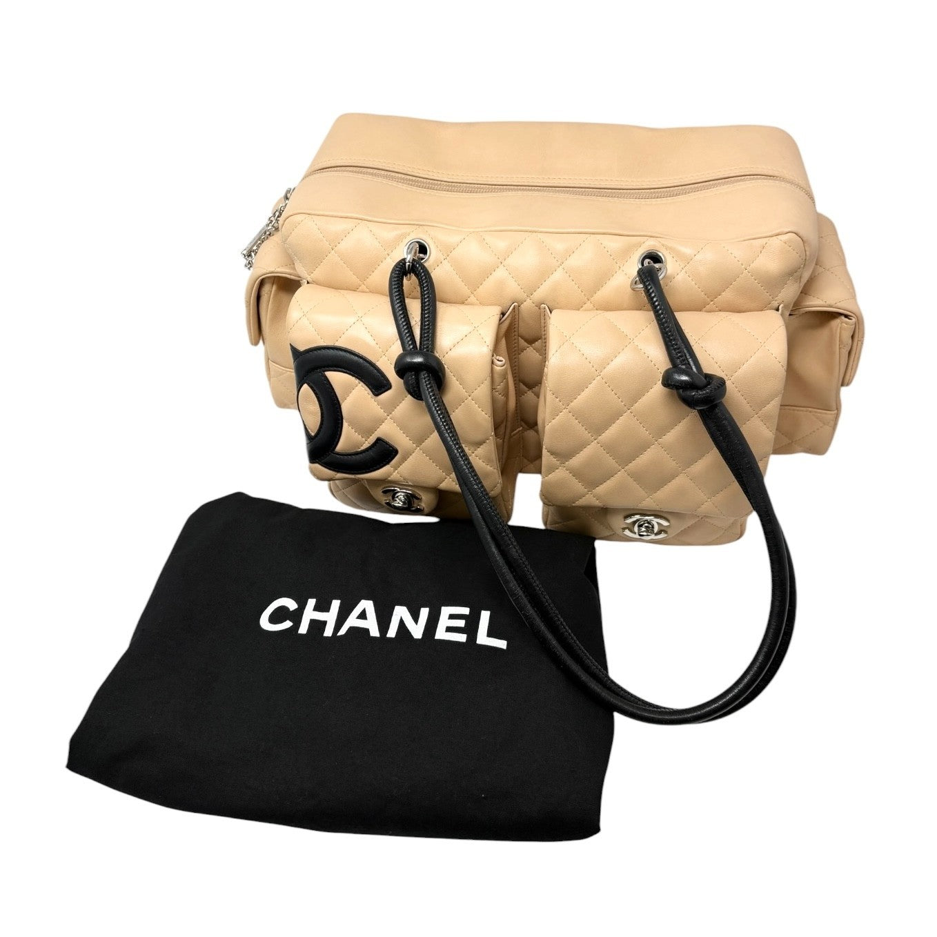 CHANEL Vintage Cambon Line CC Logo Quilted Shoulder Bag Beige Black Leather