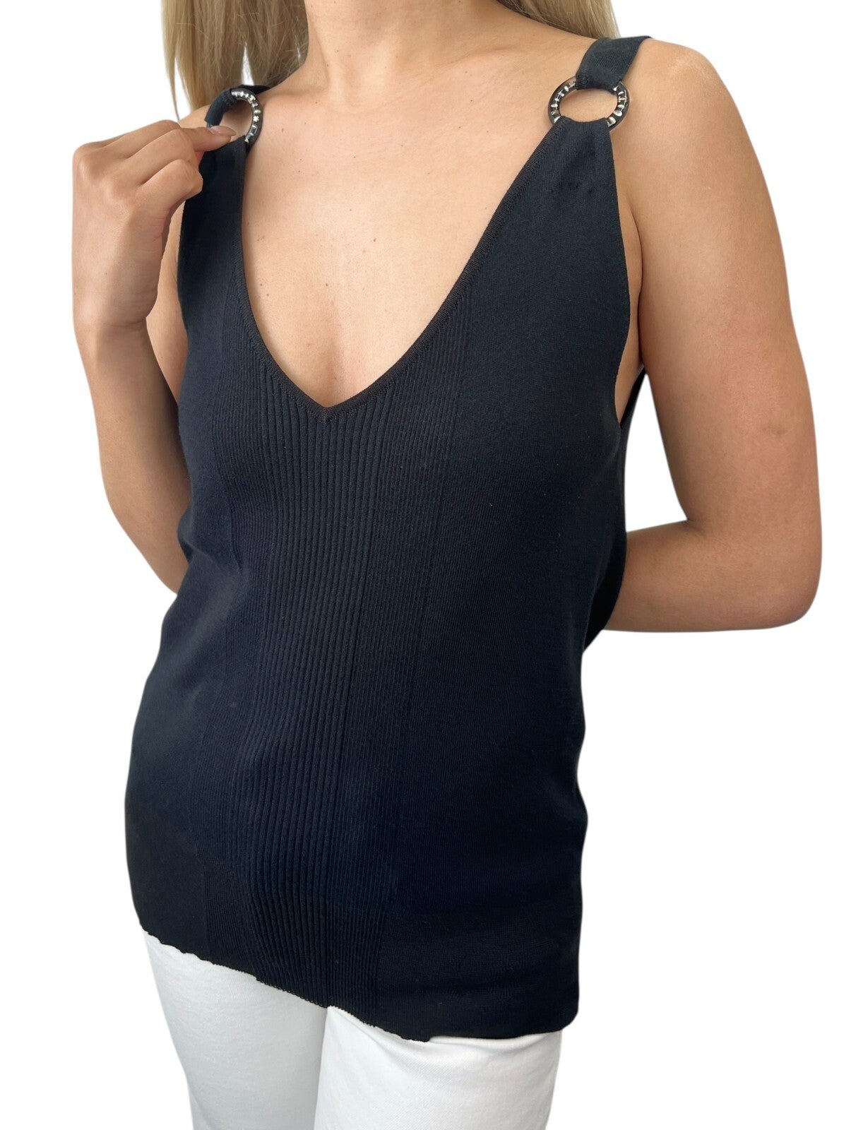 CHANEL Vintage 07P CC Mark Logo Rib Knit Tank Top #42 V-neck Black Cotton