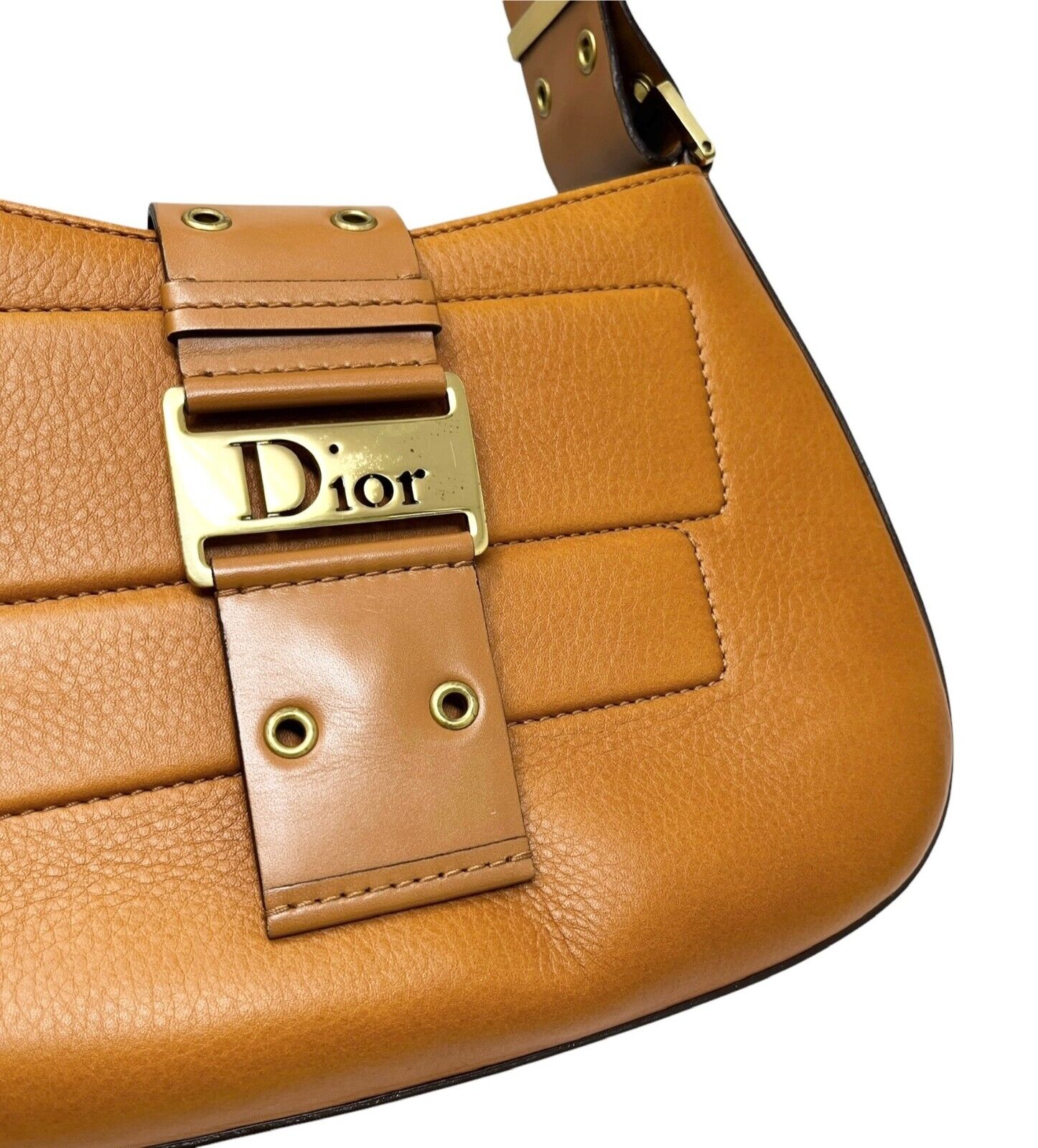 Christian Dior Vintage Logo Street Chic Shoulder Bag Brown Gold Leather