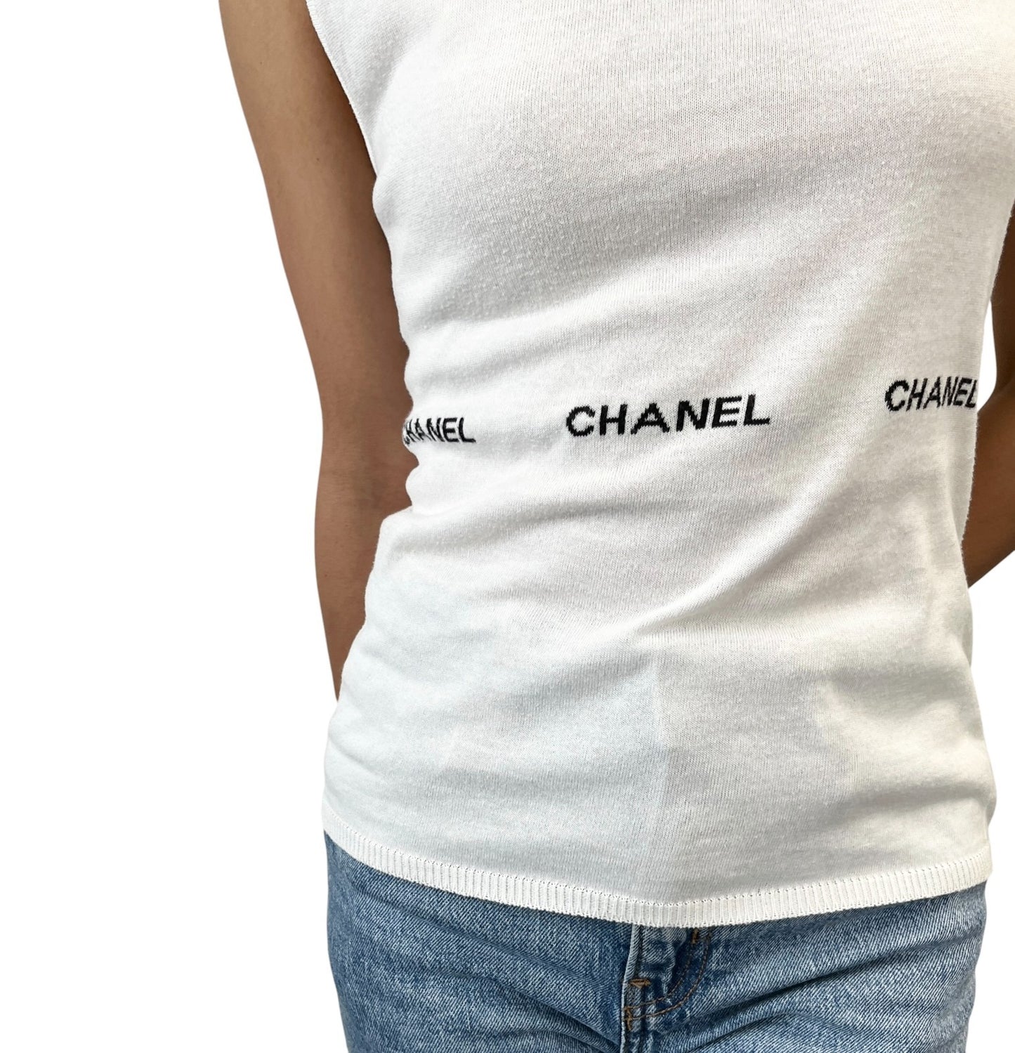 CHANEL Vintage 04P Logo Letter Knit Tank Top #38 White Black Cotton 902554