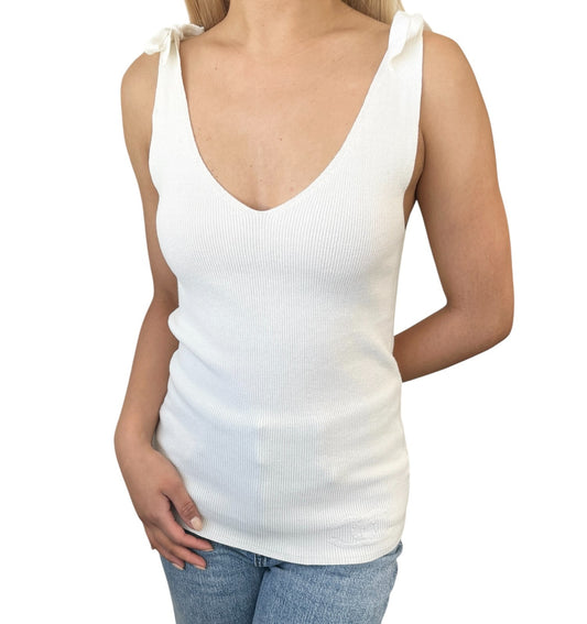 CHANEL Vintage 05P CC Mark Logo Rib Knit Tank Top #38 Sleeveless White Cotton