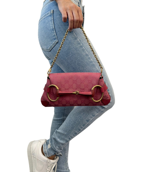 GUCCI Vintage GG Monogram Horsebit Chain Shoulder Bag Pochette Pink 901818