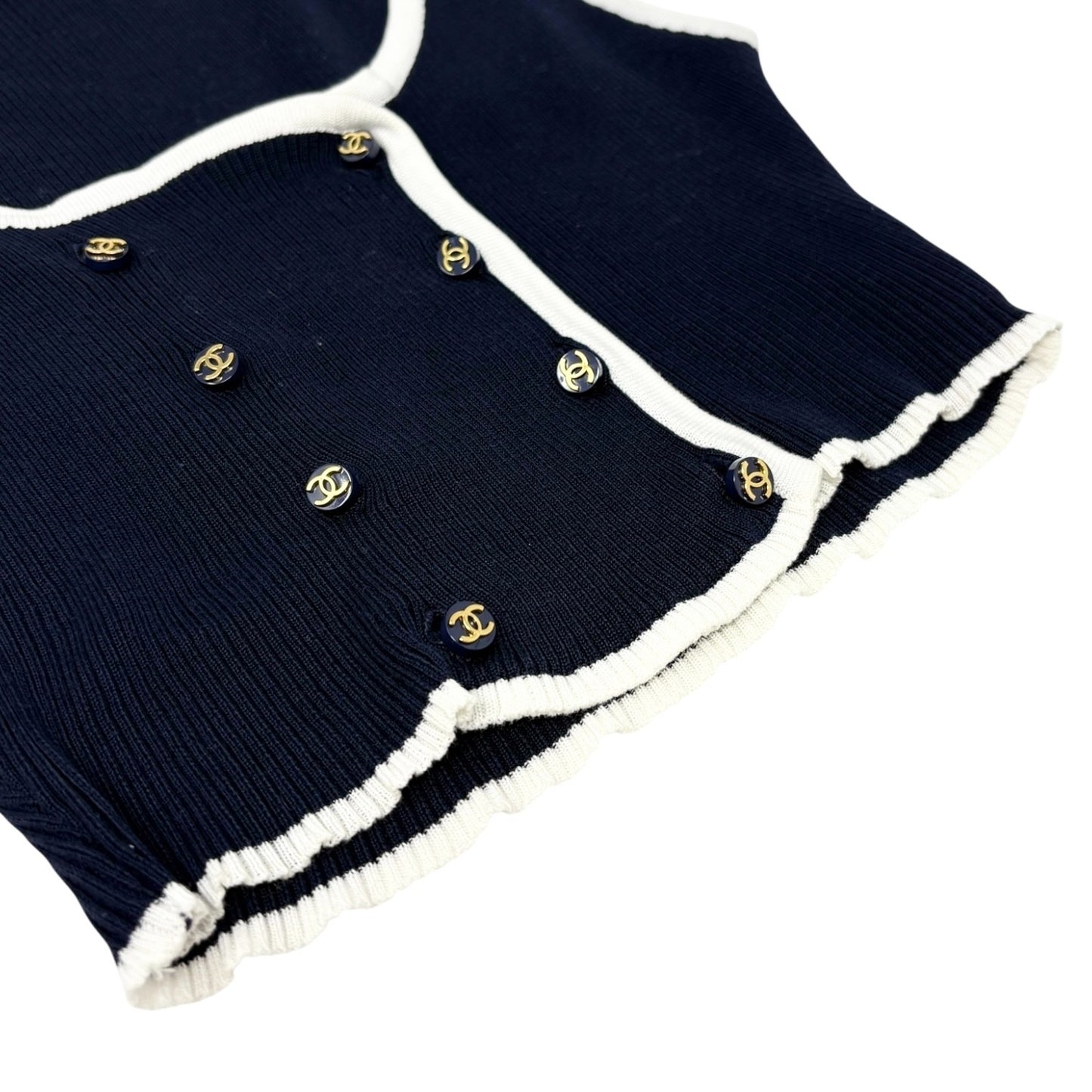 CHANEL Vintage 95P CC Button Ribbed Knit Cropped Tank Top #34 Dark Blue
