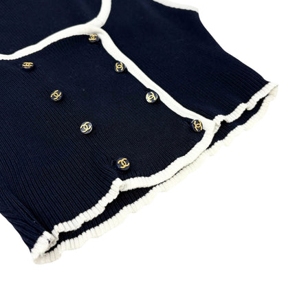 CHANEL Vintage 95P CC Button Ribbed Knit Cropped Tank Top #34 Dark Blue