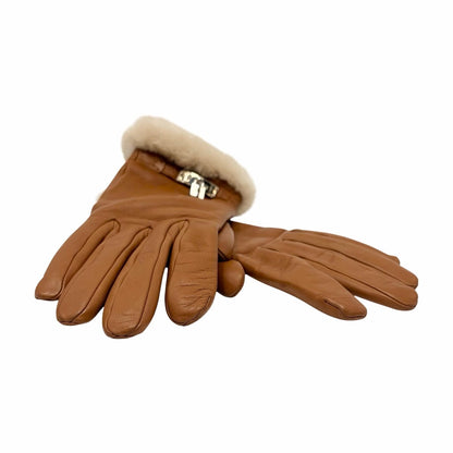 HERMES Vintage Kelly Padlock Cadena Fur Trim Leather Gloves #7 Brown 902367