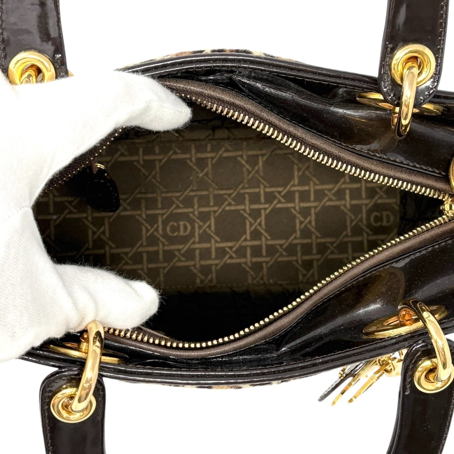 Christian Dior Vintage 2007 Lady Dior Pony Calf Hair Leopard Tote Bag Brown Gold