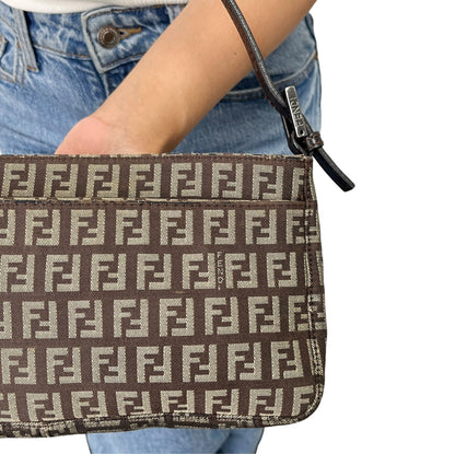 FENDI Vintage Logo Zucchino Shoulder Bag Pochette Brown Canvas Pocket 902351