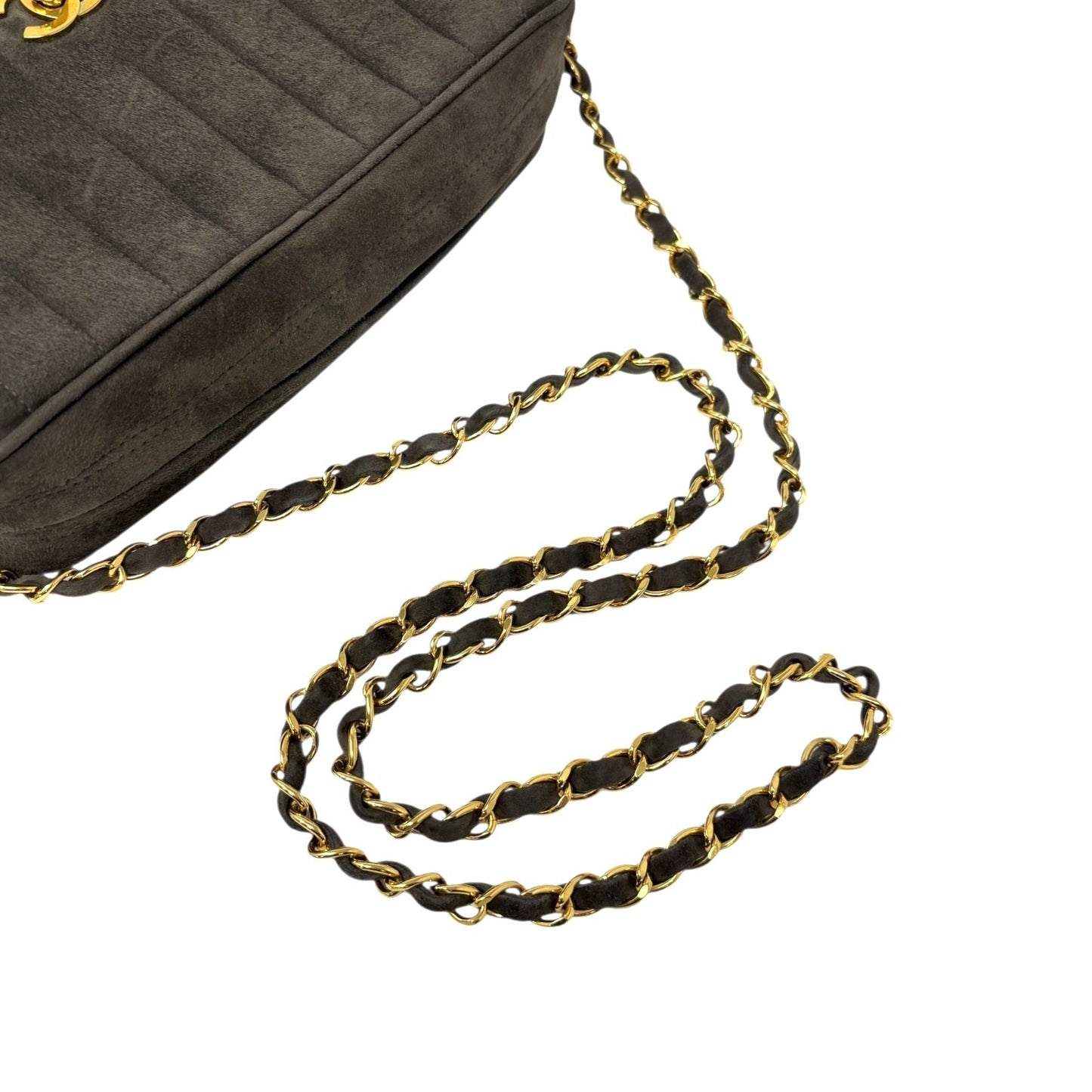 CHANEL Vintage CC Logo Quilted Fringe Chain Shoulder Bag Khaki Gold Suede