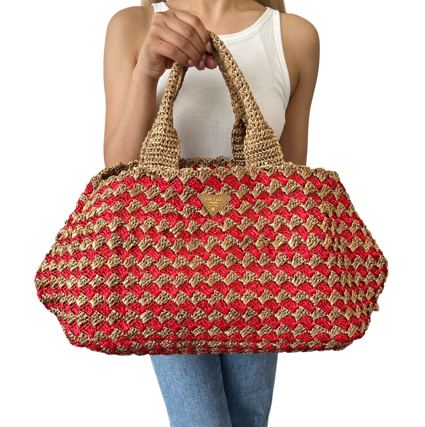 PRADA Vintage Triangle Logo Raffia Canapa Tote Bag Brown Red Crochet 902049