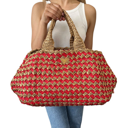 PRADA Vintage Triangle Logo Raffia Canapa Tote Bag Brown Red Crochet 902049
