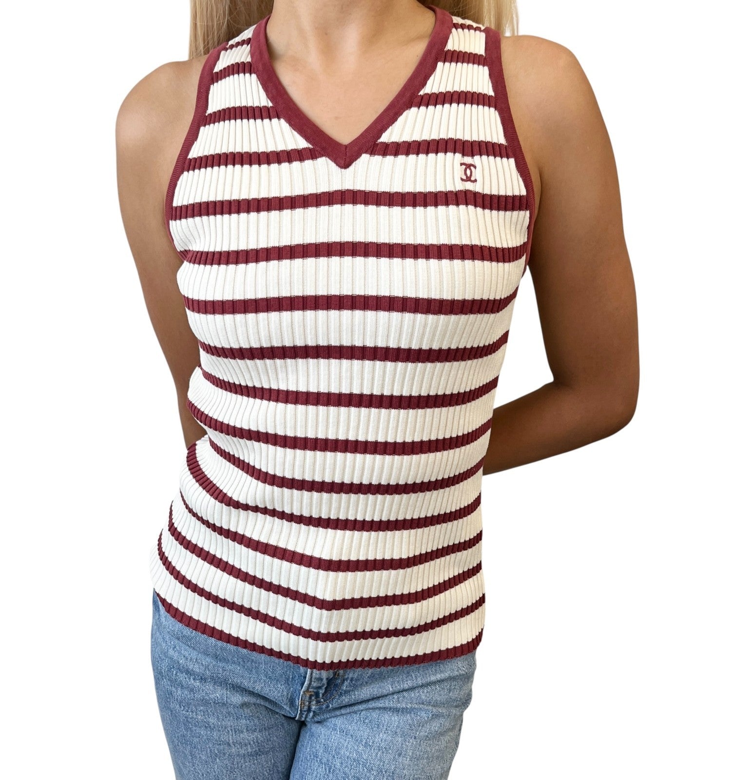 CHANEL Vintage 98P CC Mark Logo Rib Knit Tank Top Striped #40 Red White Cotton