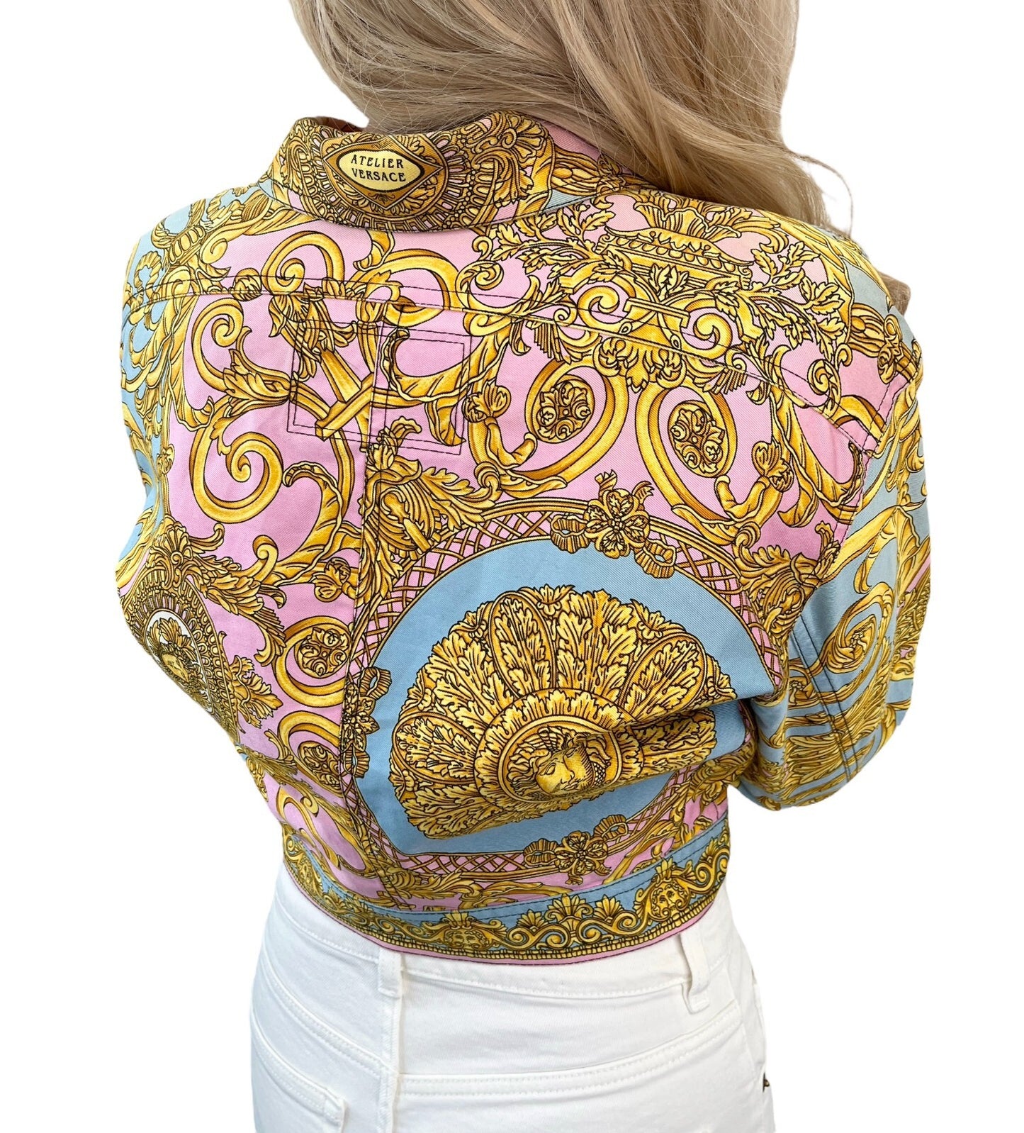 GIANNI VERSACE Vintage 1992 Medusa Baroque Denim Jacket Pink Blue Gold Rank AB