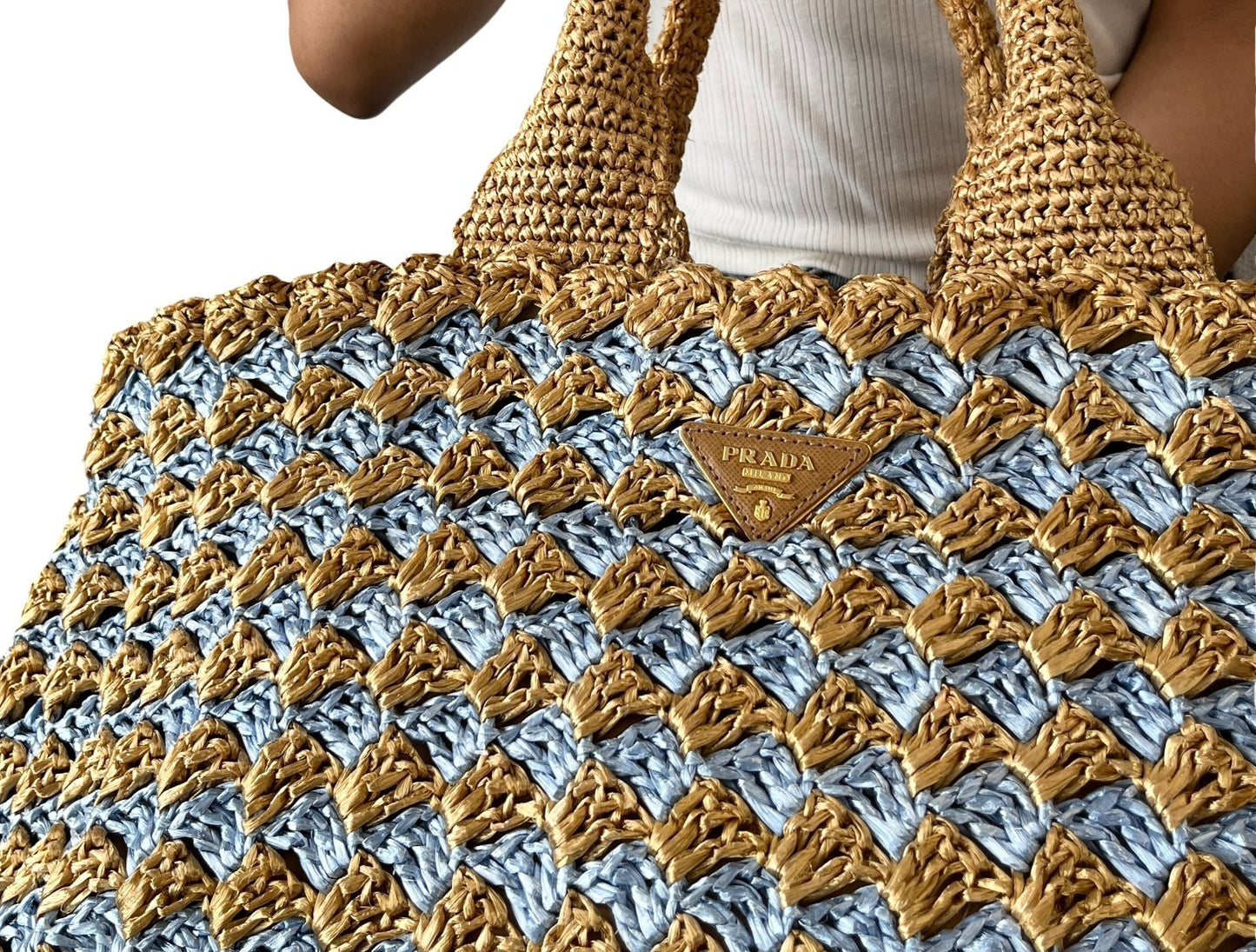 PRADA Vintage Triangle Logo Raffia Canapa Tote Bag Beige Blue Crochet 902055