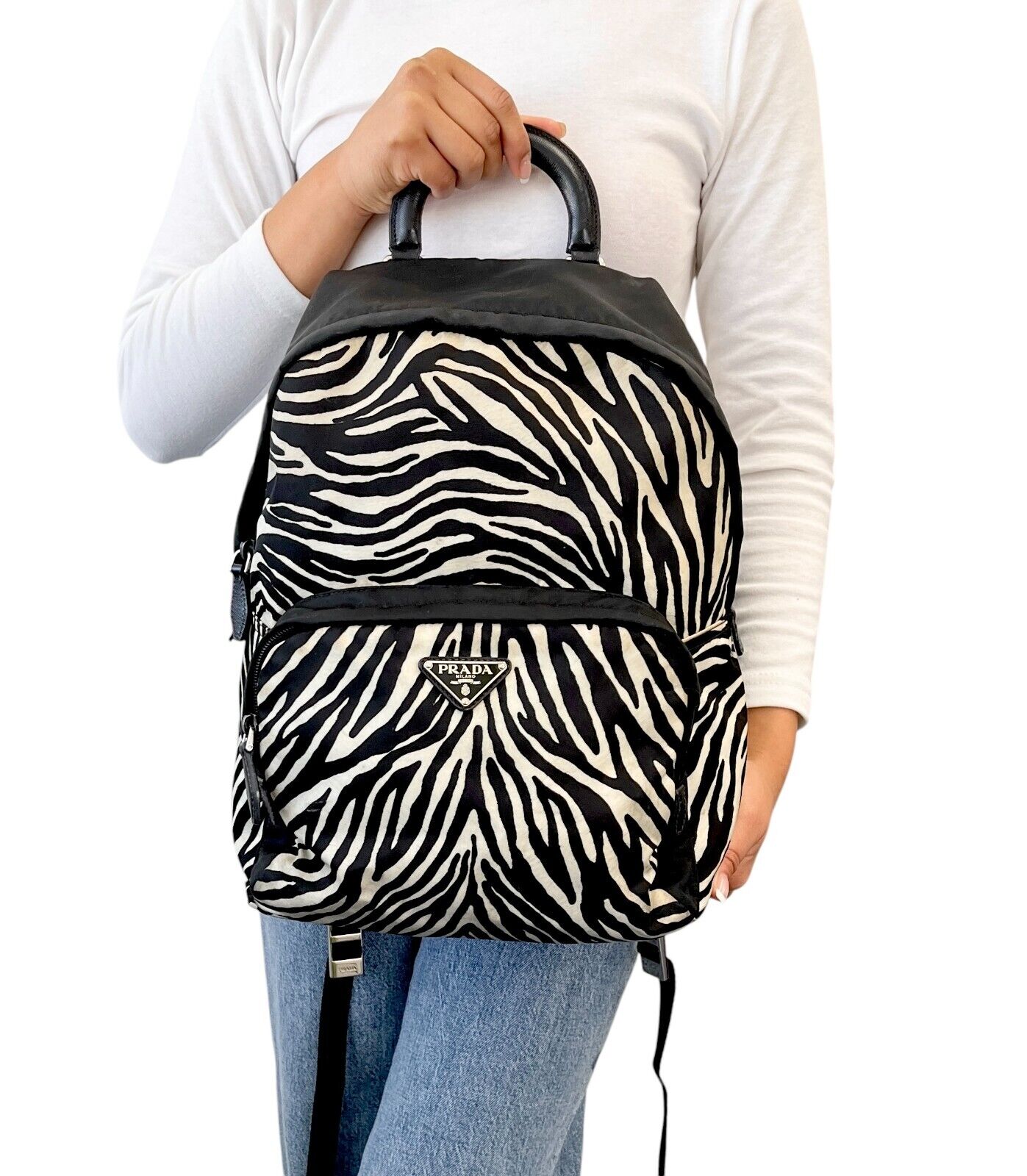 PRADA Vintage Logo Zebra Backpack Zip Mesh Black White Nylon Leather