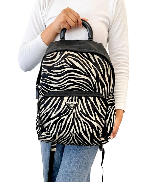 PRADA Vintage Logo Zebra Backpack Zip Mesh Black White Nylon Leather