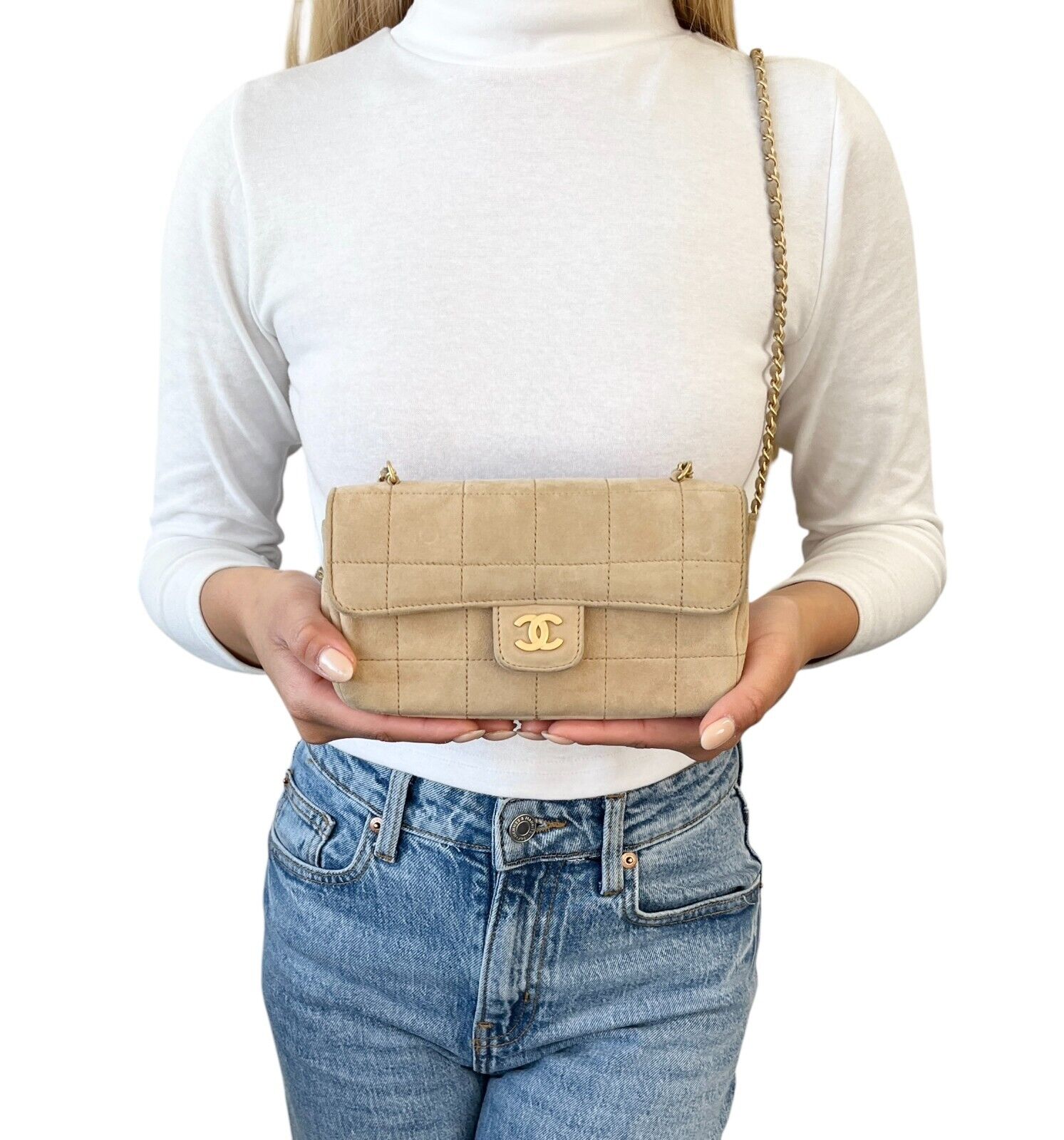 CHANEL Vintage CC Logo Chocolate Bar Crossbody Bag Chain Beige Gold Suede