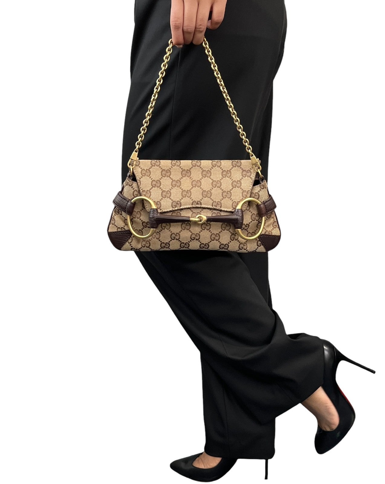 GUCCI Vintage GG Monogram Logo Horsebit Shoulder Bag Brown Gold Canvas 901880