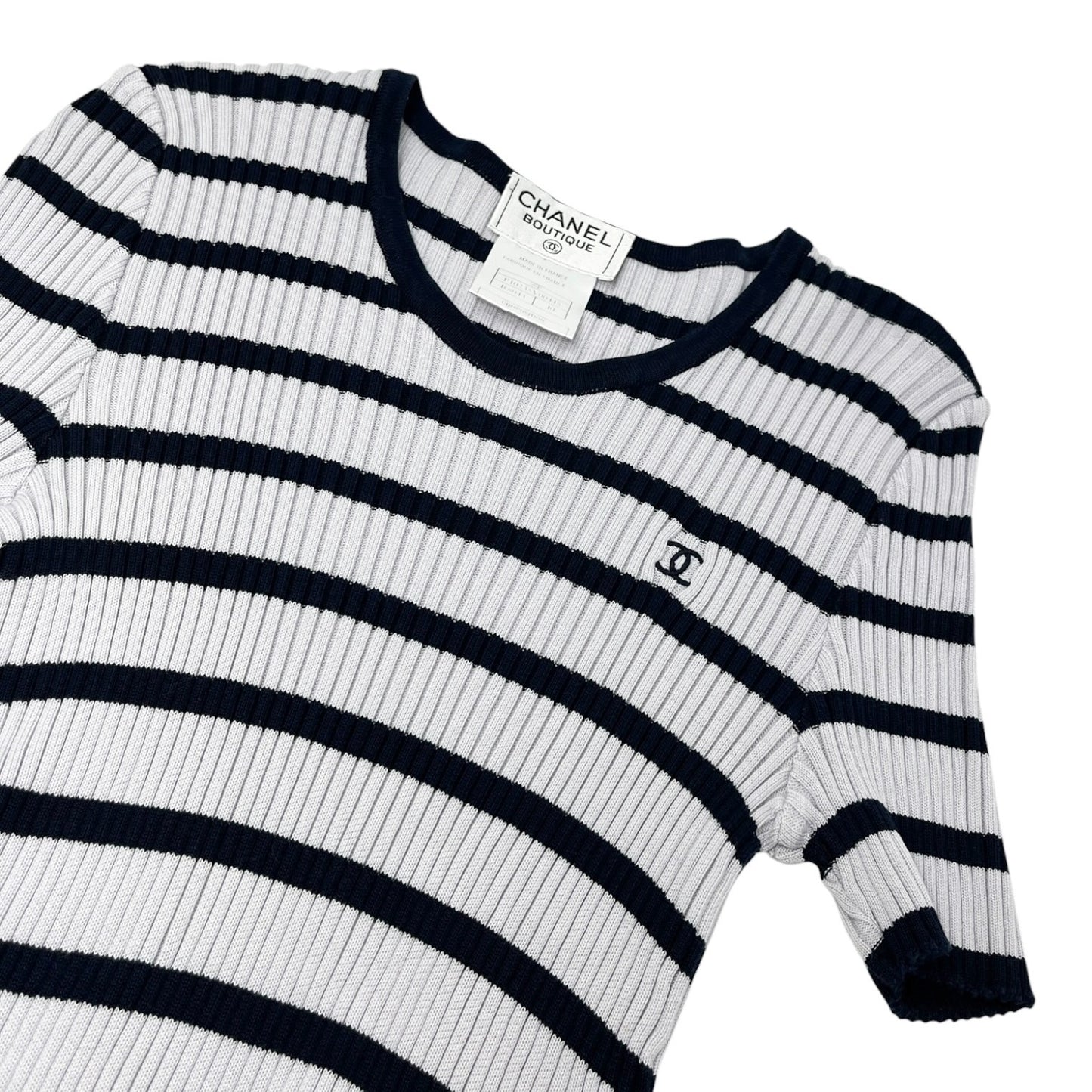 CHANEL Vintage 98P CC Logo Stripe Rib Knit T-shirt Top #40 Blue Cotton 902587