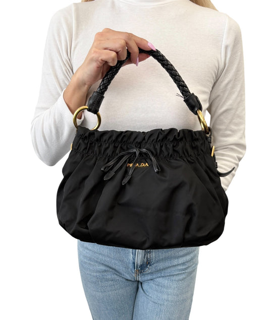 PRADA Vintage Logo Tessuto Nylon Shoulder Bag Black Gold Ribbon Leather